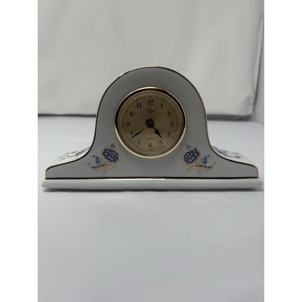 Vintage ELGIN Mantle Clock Porcelain White Blue Florals French County‎ Analog
